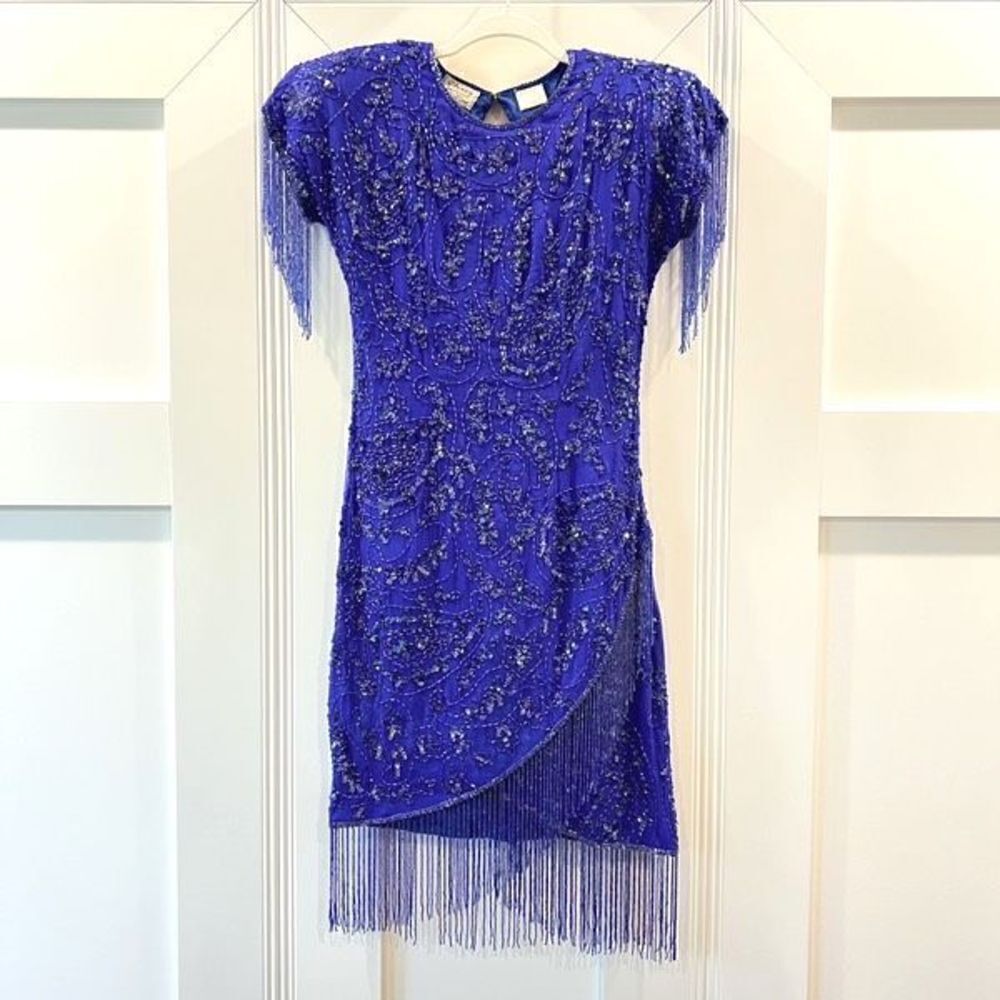 VTG Stenay Women 4 100% Pure Silk Royal Blue Beaded Fringe Elegant Flapper Dress - Picture 4 of 15